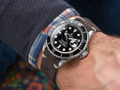 rolex submariner on a strap|rolex submariner suede strap.